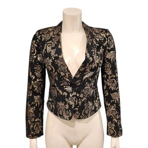 BEBE Black Metallic Gold Floral Brocade Cropped Blazer Jacket 0